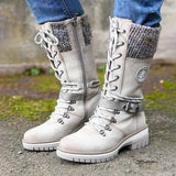 Hannah | Stiefel Damen Wasserfeste Schnürstiefel Kunstleder Strickschaft Schnalle – Weiß