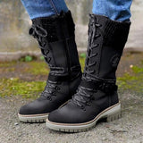 Hannah | Stiefel Damen Wasserfeste Schnürstiefel Kunstleder Strickschaft Schnalle – Schwarz
