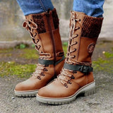Hannah | Stiefel Damen Wasserfeste Schnürstiefel Kunstleder Strickschaft Schnalle – Braun