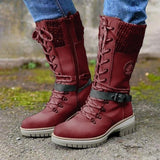 Hannah | Stiefel Damen Wasserfeste Schnürstiefel Kunstleder Strickschaft Schnalle – Rot