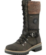 Hannah | Stiefel Damen Wasserfeste Schnürstiefel Kunstleder Strickschaft Schnalle – Grün