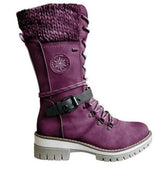 Hannah | Stiefel Damen Wasserfeste Schnürstiefel Kunstleder Strickschaft Schnalle – Violett