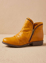 Katharina | Stiefeletten Damen Gefältelte Leder-Optik Reißverschluss Ankle Boots – Gelb