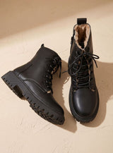 Elfriede | Stiefeletten Damen Gefütterte Schnür-Ankle-Boots PU-Leder Reißverschluss – Schwarz