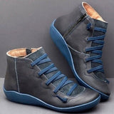 Leonie | Stiefeletten Damen Kunstleder Schnürung Seitlichem Reißverschluss Knöchelhohe Boots – Blau