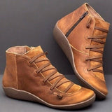 Leonie | Stiefeletten Damen Kunstleder Schnürung Seitlichem Reißverschluss Knöchelhohe Boots – Rostbraun
