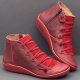 Leonie | Stiefeletten Damen Kunstleder Schnürung Seitlichem Reißverschluss Knöchelhohe Boots – Rot