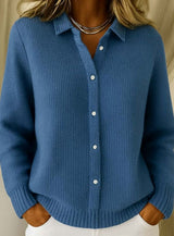 Frieda | Strickjacke Damen Hemdkragen Tailliert Hüftlang Langarm Cardigan – Dunkelblau