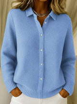 Frieda | Strickjacke Damen Hemdkragen Tailliert Hüftlang Langarm Cardigan – Blau