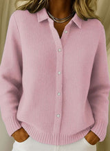 Frieda | Strickjacke Damen Hemdkragen Tailliert Hüftlang Langarm Cardigan – Rosa