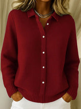 Frieda | Strickjacke Damen Hemdkragen Tailliert Hüftlang Langarm Cardigan – Rot