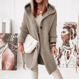 Lena | Strickjacke Damen Lang Warm Kapuze Knopfleiste Oversized – Beige