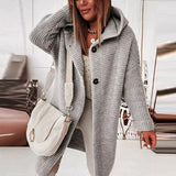 Lena | Strickjacke Damen Lang Warm Kapuze Knopfleiste Oversized – Grau