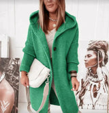 Lena | Strickjacke Damen Lang Warm Kapuze Knopfleiste Oversized – Grün