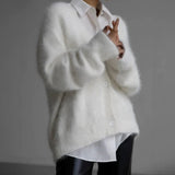 Mia | Strickjacke Damen Oversized Flauschige V-Ausschnitt Oberbekleidung – Weiß