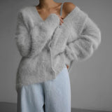 Mia | Strickjacke Damen Oversized Flauschige V-Ausschnitt Oberbekleidung – Grau