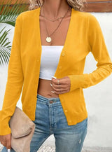 Marlene | Strickjacke Damen V-Ausschnitt Knopfleiste Langarm Cardigan – Gelb
