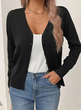 Marlene | Strickjacke Damen V-Ausschnitt Knopfleiste Langarm Cardigan – Schwarz