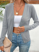 Marlene | Strickjacke Damen V-Ausschnitt Knopfleiste Langarm Cardigan – Grau