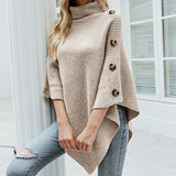 Sophie | Strickpullover Damen Rollkragen Poncho mit Knöpfen – Beige