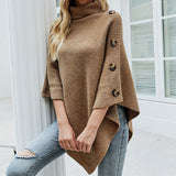 Sophie | Strickpullover Damen Rollkragen Poncho mit Knöpfen – Khaki