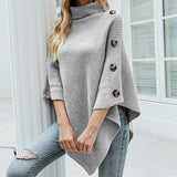Sophie | Strickpullover Damen Rollkragen Poncho mit Knöpfen – Grau