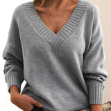 Katharina | Strickpullover Damen Weicher V-Ausschnitt Oversized Longpullover – Grau