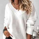 Katharina | Strickpullover Damen Weicher V-Ausschnitt Oversized Longpullover – Weiß