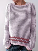 Svanhildr | Damen Strickpullover Streifen Rundhals – Rosa