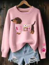 Svantje | Damen Strickpullover Dackel Motiv Rundhals – Rosa