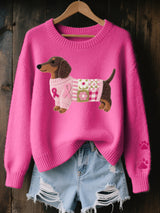 Svantje | Damen Strickpullover Dackel Motiv Rundhals – Dunkelrosa