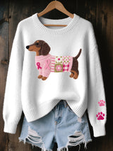Svantje | Damen Strickpullover Dackel Motiv Rundhals – Weiß