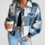 Tessa | Damen Karierte Jacke mit Langarm, Knöpfen und Karomuster – Blau