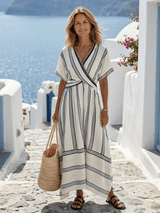 Thalassa | Damen Wickelkleid Midi V-Ausschnitt – Elegantes Sommerkleid Hochzeit 2026 – Gestreift