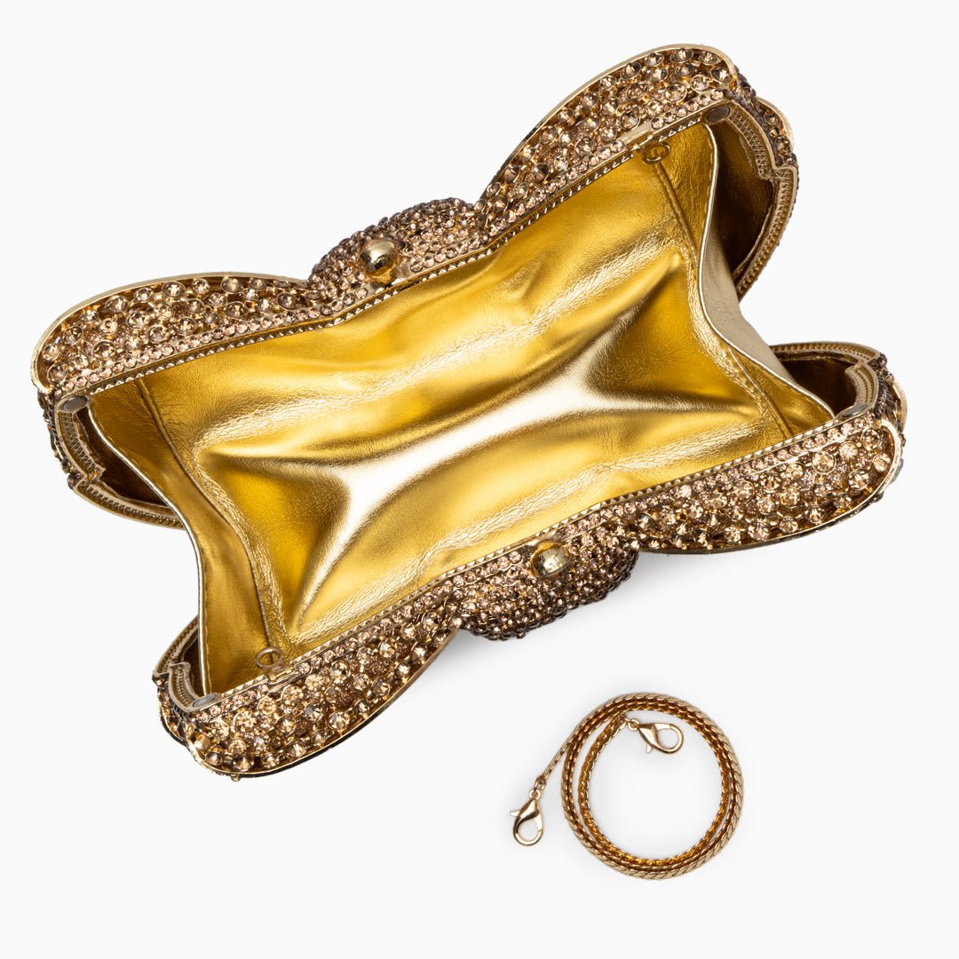 Loulou | Goldene Clutch in Schleifenform mit Kristallbesatz – Glitzernde Abendtasche für Damen mit Magnetverschluss