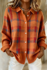 Thordena | Damen Karo Strickjacke mit Knopfleiste – Orange