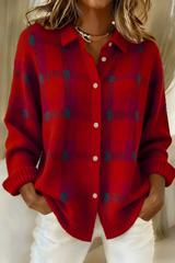 Thordena | Damen Karo Strickjacke mit Knopfleiste – Rot