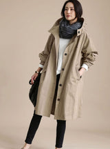 Annika | Trenchcoat Damen Übergrößen Kapuzen Langmantel Koreanischer Stil – Khaki