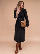 Charlotte | Trenchcoat Damen Eleganter Langer Mantel mit Bindegürtel Reverskragen – Schwarz