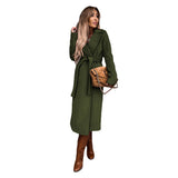 Elisabeth | Trenchcoat Damen Eleganter Langer Wollmantel mit Bindegürtel – Olivgrün