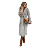 Elisabeth | Trenchcoat Damen Eleganter Langer Wollmantel mit Bindegürtel – Hellgrau