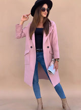 Marlene | Trenchcoat Damen Eleganter Zweireiher Mantel mit Reverskragen Taschen – Rosa