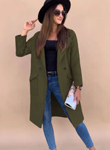 Marlene | Trenchcoat Damen Eleganter Zweireiher Mantel mit Reverskragen Taschen – Olivgrün