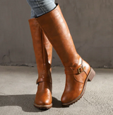 Damen Stiefel mit Schnalle und Blockabsatz – Braun