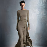 Damen-Maxikleid im Wickelstil, gestrickt, mit Knopf – Khaki