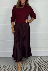 Valdrika | Damen Strickkleid mit Plisseerock Midi – Bordeaux