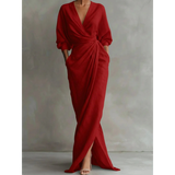 Valeria | Damen Langarm Maxikleid mit V Ausschnitt und Besonderem Schnitt – Rot