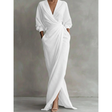 Valeria | Damen Langarm Maxikleid mit V Ausschnitt und Besonderem Schnitt – Weiß