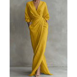 Valeria | Damen Langarm Maxikleid mit V Ausschnitt und Besonderem Schnitt – Gelb