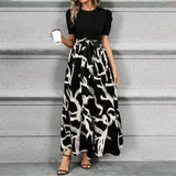 Damen-Maxikleid mit Blumenmuster und Schleifengürtel – Monochrom Abstrakt Schwarz
